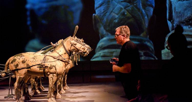 Bezoeker die een levensgrote terracotta paardenkar bekijkt in een donkere museumgalerij.