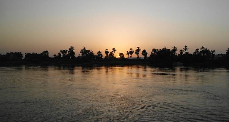 Silhouetten von Palmen bei Sonnenuntergang am Fluss.