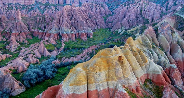 Colorful rock formations with vegetation in Cappadocia.