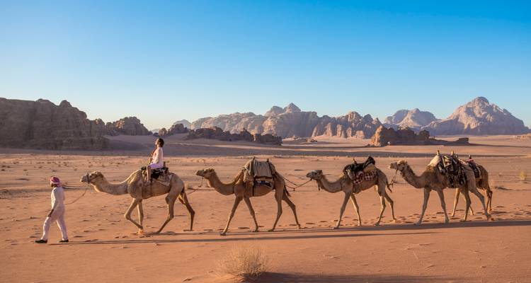 Eine Karawane von Kamelen mit Reitern in einer Wüstenlandschaft.