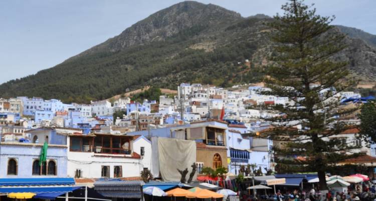 Heuvelstadje met witte en blauwe gebouwen en marktkramen.