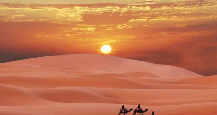 Kamelen en mensen die lopen in een woestijn tijdens zonsondergang.