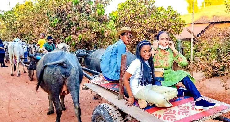 People riding on an ox cart through a rural area.
