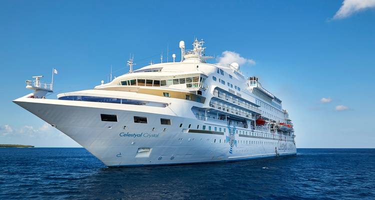 A large cruise ship sailing on the ocean under a clear blue sky.