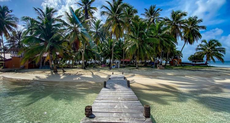 Tropisch strand met palmbomen en een houten steiger.