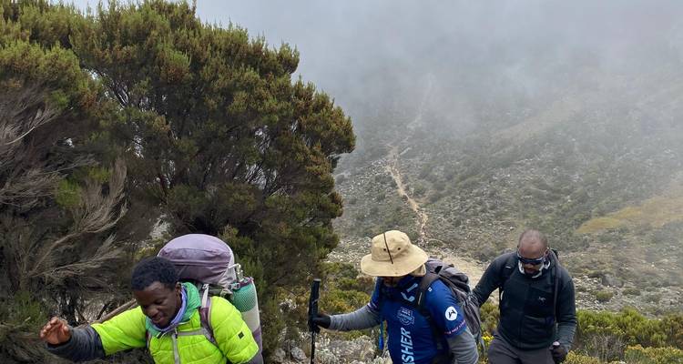 Wanderer, die auf einem Bergpfad mit felsigem Gelände wandern.
