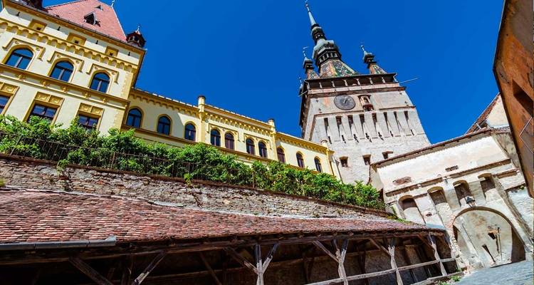 Vue en contre-plongée de la tour de l'horloge médiévale et des bâtiments colorés de Sighișoara, en Roumanie, sur un ciel bleu éclatant.