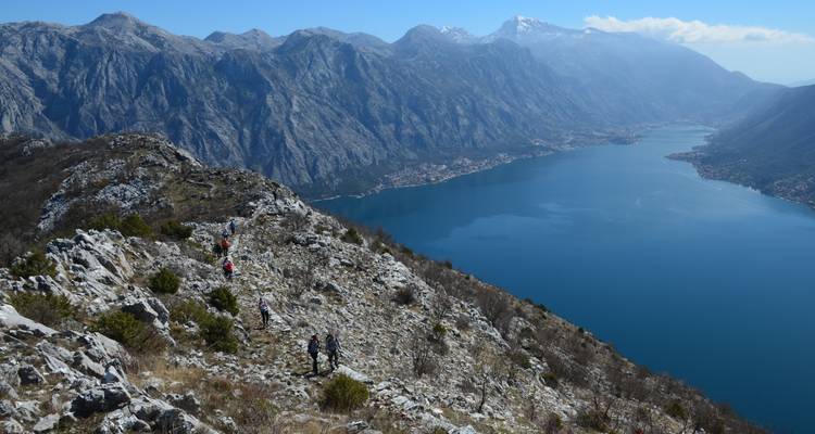 Wandelaars op een bergpad met uitzicht op fjorden.