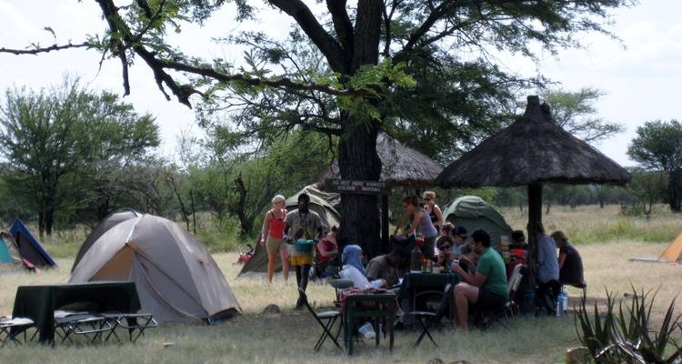 Group enjoying outdoor dining at a campsite.