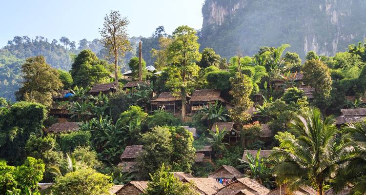 Rustic hillside village surrounded by lush trees.
