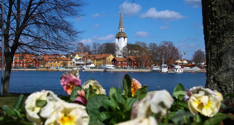 Las flores en flor en primer plano enmarcan un pueblo junto al lago con casas coloridas y una iglesia con campanario.