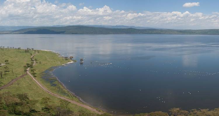 Aerial view of a vast lake with surrounding greenery.