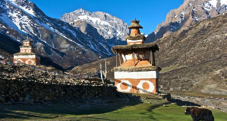 Traditionelle Architektur in einer Gebirgsregion mit schneebedeckten Gipfeln.