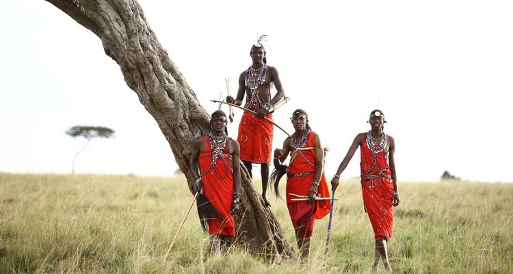 Vier Maasai-Männer stehen in traditioneller Kleidung unter einem Baum.