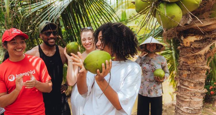Travelers laugh while holding freshly picked coconuts beneath swaying palm fronds.