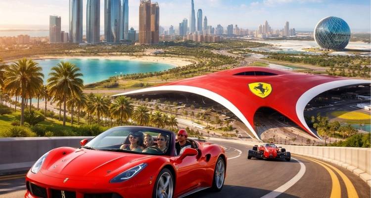 Cabriolet Ferrari rouge circulant devant le dôme de Ferrari World avec la ligne d'horizon de la ville et les plages au-delà.