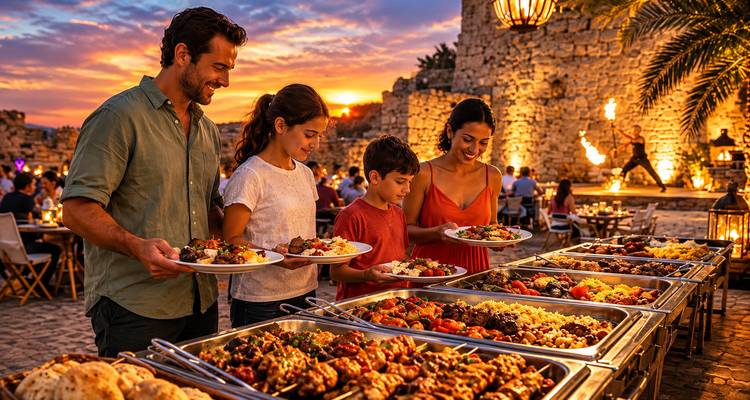 Familia sonriente eligiendo platos de un buffet al aire libre mientras artistas de fuego entretienen al atardecer.