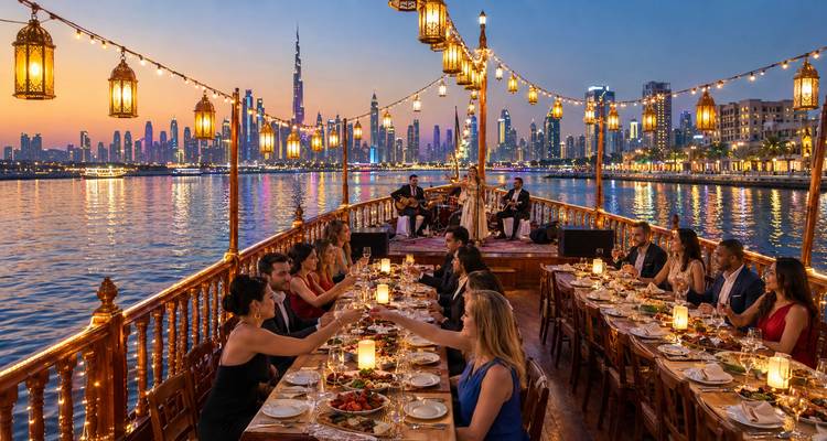 Les clients dînent sur une terrasse en plein air au coucher du soleil avec la skyline de Dubaï et des guirlandes lumineuses au-dessus de leurs têtes