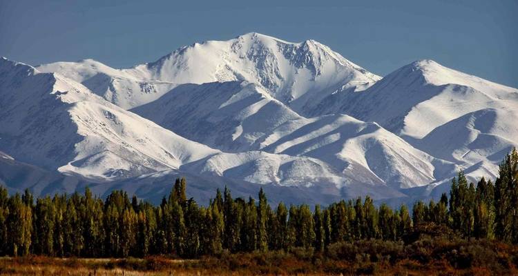 Snow-capped mountain range with a line of trees in the foreground.