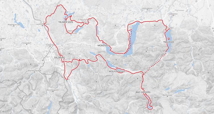 Cycling map sketch of the Salzkammergut lake district, highlighted with a red looped route.