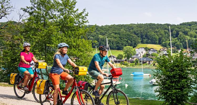 Three cyclists pedal beside a lake dotted with sailboats and surrounded by forested hills.