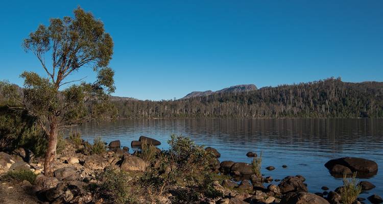 See mit felsigem Ufer, Wald und einer Bergkette in der Ferne.