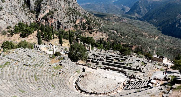 Ancient theater at Delphi with panoramic mountain view.