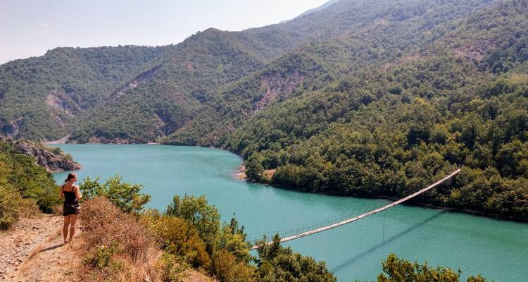 Personne profitant de la vue sur un lac avec un pont suspendu.