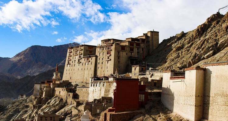 Palacio de Leh construido en la ladera bajo un cielo azul.