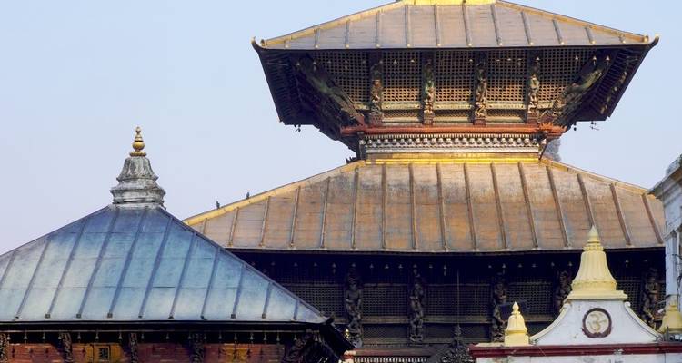Tempeldächer mit kunstvollen Verzierungen vor einem blauen Himmel.