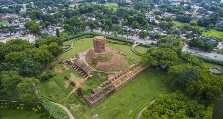 Luchtfoto van een stupa in een groen park.