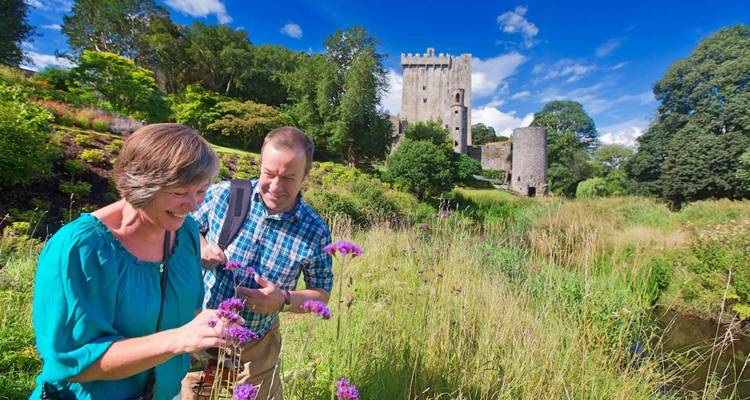 Un couple souriant examine les fleurs sauvages près de la tour en pierre du Château de Blarney sous un ciel dégagé.