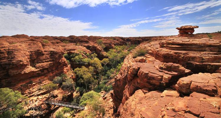 Spectacular sandstone walls and lush valley floor of Kings Canyon viewed from the rim walk.