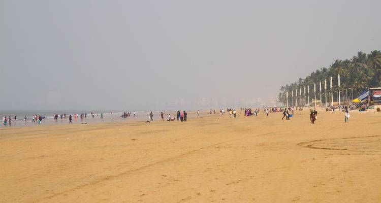 Menschen genießen einen Spaziergang am Strand mit Palmen.