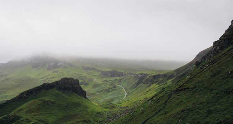 Misty green hills with a trail winding through.
