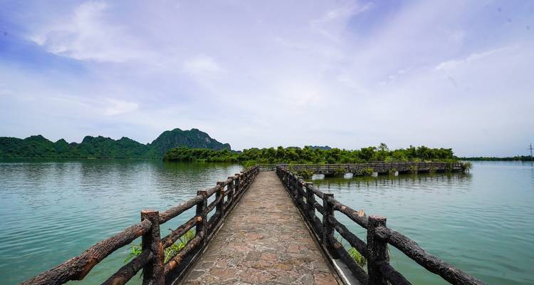 Un puente de sendero de piedra conduce hacia una pequeña isla boscosa en un lago tranquilo enmarcado por montañas.