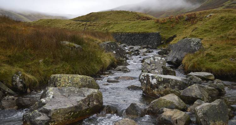 Gebirgsbach mit Felsen, der durch üppig grüne Hügel fließt.
