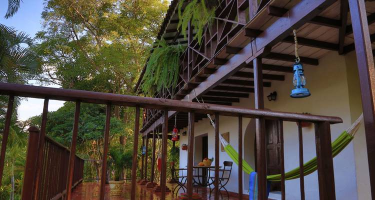 Balcón rústico con hamacas y muebles de madera con vistas a exuberante vegetación tropical.