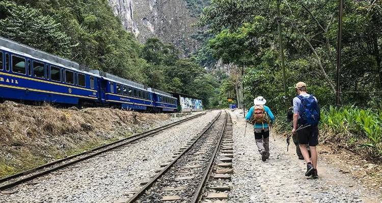 Two hikers walking along a railway track in the jungle.