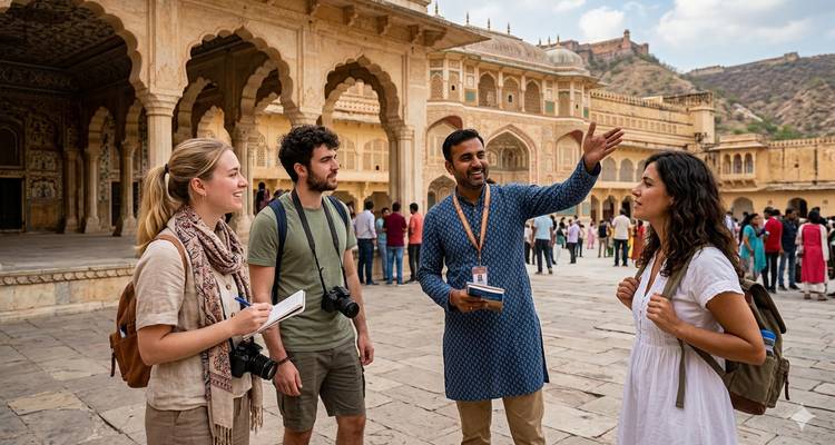 Guía haciendo gestos mientras un pequeño grupo con cámaras escucha adentro del patio de Amber Fort.