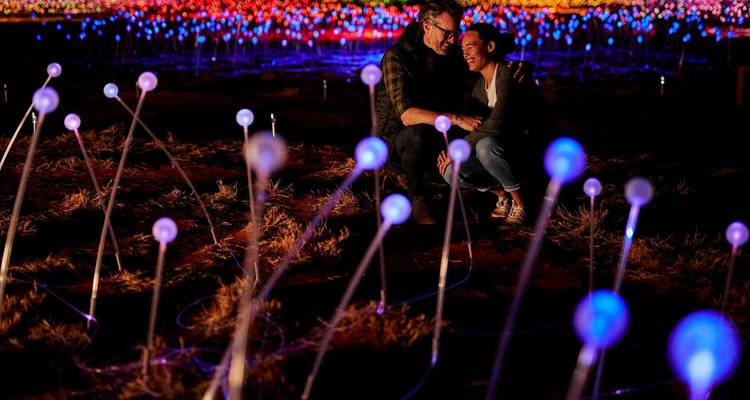 Stel geniet van een verlicht veld met lichtinstallatie.
