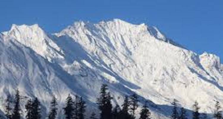 Schneebedeckte Bergkette mit Bäumen im Vordergrund.