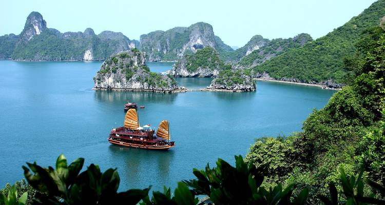 Traditionelles Dschunkenboot, das durch die ikonischen Kalksteininseln der Halong-Bucht fährt.
