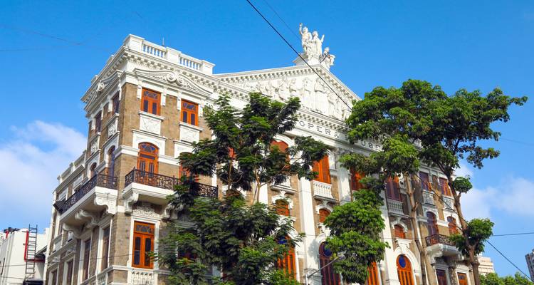 Historisch Europees architectonisch gebouw met bomen op de voorgrond.