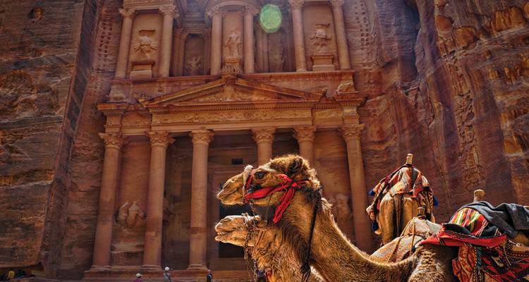 Camels in front of the Petra Treasury.