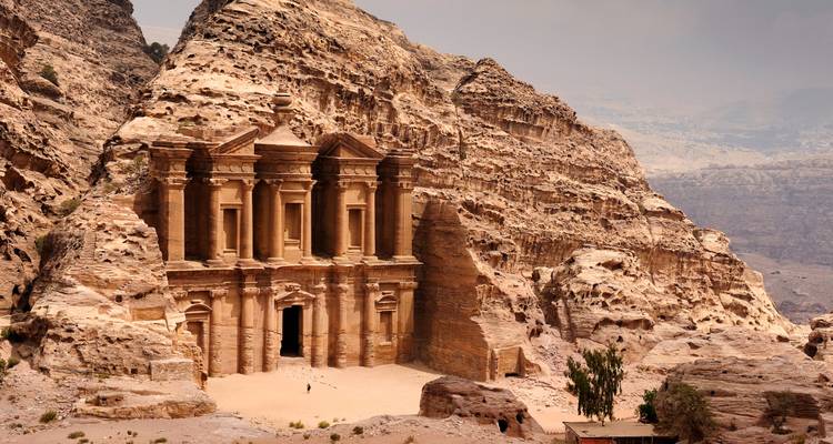 A large rock-carved monastery in Petra.