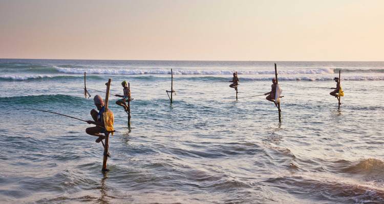 Los pescadores tradicionales sobre zancos se equilibran en postes sobre olas tranquilas del océano al atardecer.