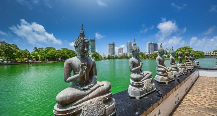 Statues de Bouddha le long d'un plan d'eau avec un horizon urbain en arrière-plan.
