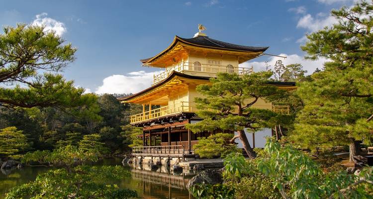 Kinkaku-ji, el Pabellón Dorado en Kioto rodeado de árboles y un estanque.