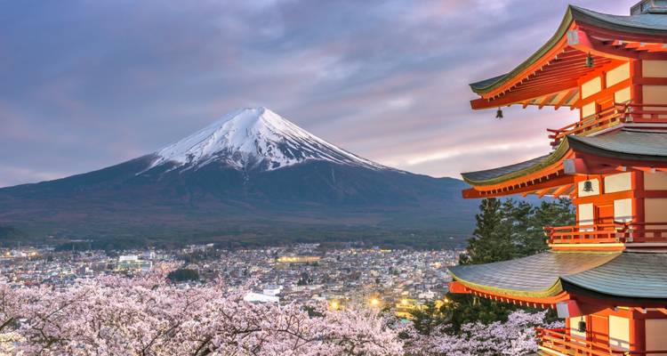 El Monte Fuji se eleva sobre los cerezos en flor de primavera y la Pagoda Chureito al amanecer